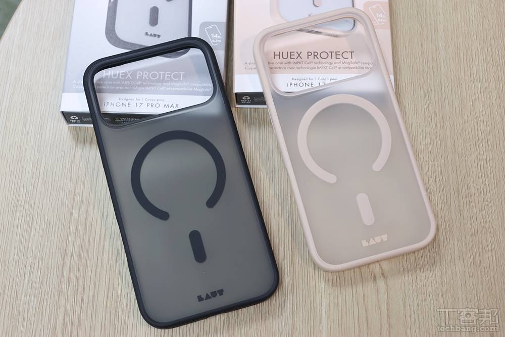 HUEX PROTECT 磁吸簡約耐衝擊保護殼設計回歸簡約，霧透背板可展現手機原色，邊框則採用親膚材質以提升握感。