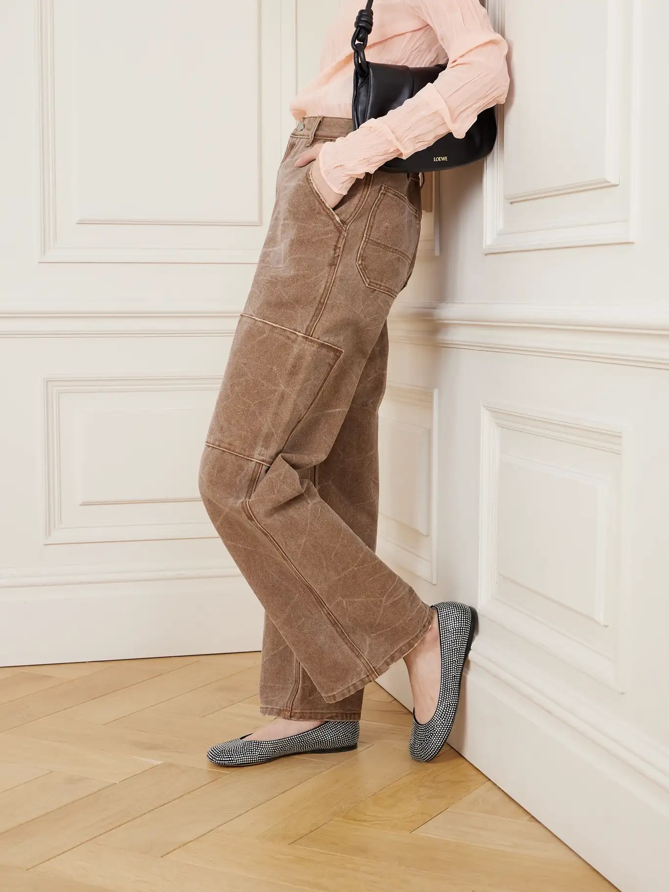 LOEWE Crystal-embellished suede ballet flats