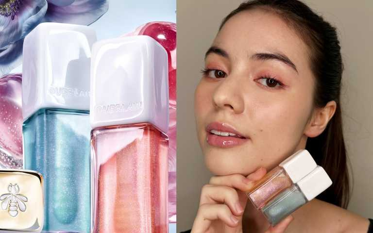 GUERLAIN 嬌蘭KISSKISS法式之吻波光蜜漾豐唇露100 Warm Glow香檳粉、200 Cool Glow冰川藍／各1,500元。（圖／品牌提供、tingting攝）
