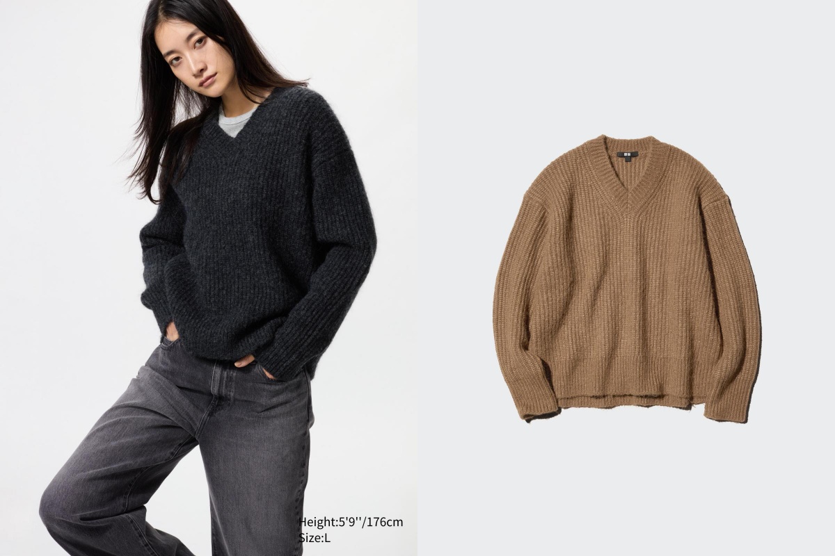 這款 V 領針織衫同樣運用混紡的方式製成，並在衣服表面上以刷毛的方式創造出毛絮感，讓整體擁有更為柔和的視覺感受，下擺前短後長的設計，更能增添其修飾效果。