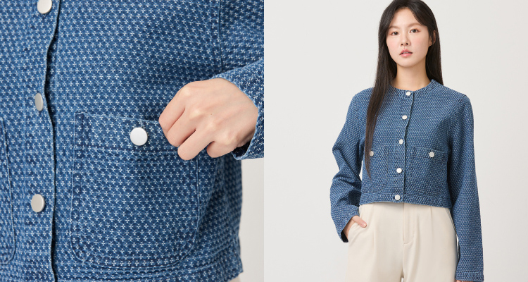 圓領的設計，為這件藍色的單寧外套增添了一抹含蓄而細膩的優雅美感，讓整體造型更顯精緻且不失個性。