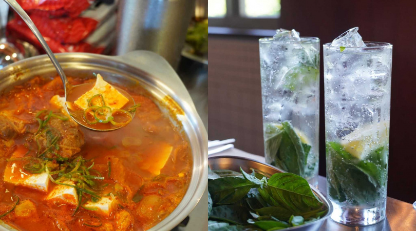 套餐皆包含「金豬經典泡菜鍋」（左）與農心Q拉麵，在韓國最受歡迎的飲品是加入琴酒、伏特加與甜羅勒葉的「金豬Highball」。（230元＋10％，圖／魏妤靜攝）