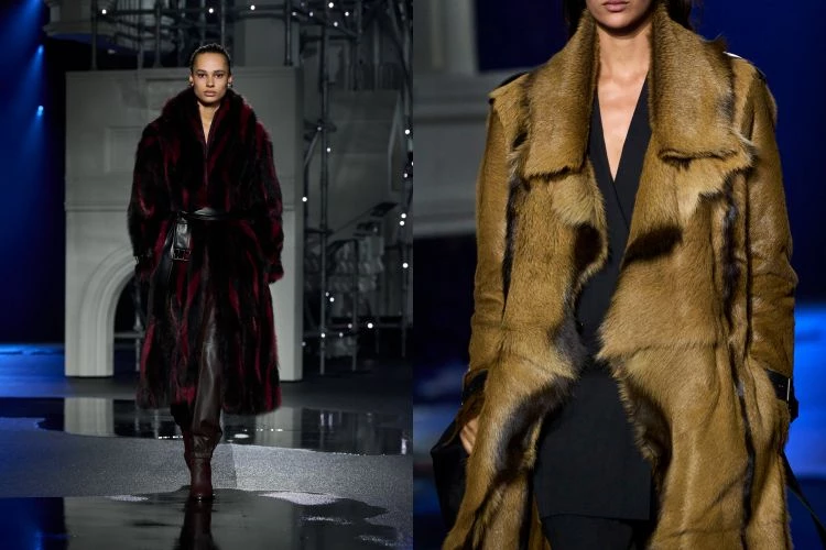 外套邊緣保留原切羊毛、格紋重新拼接，領口飾以褶皺羅緞，細節低調也更耐看。光滑羊皮在燈光下泛起虹彩光澤，像夜路上被汽油映射的光。證實了性感，是出自一種不張揚的美。