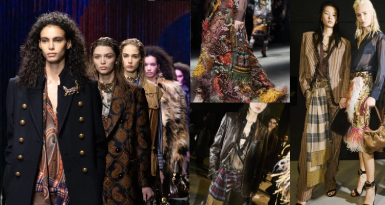 Marco於本季所提出的「Etro-Sity」概念，意即一種自然融合多元文化與風格的能力。蘇格蘭格紋與變形蟲印花並置、中世紀動物圖騰與放大比例的家族徽章交錯…線條乾淨俐落的短版水手，上頭克制地點綴羽毛細節及亮片…諸如此嘿的層層堆疊卻不混亂的手法，讓穿者在行走間低調閃爍。