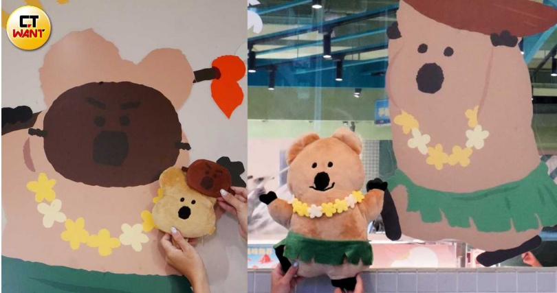 戴著小面具的「DINOTAENG錢包票卡夾」將於10/15開賣（左，加購價419元、會員價399元），10/29將開賣「DINOTAENG 抱抱枕」。（加購價549元、會員價529元，圖／魏妤靜攝）