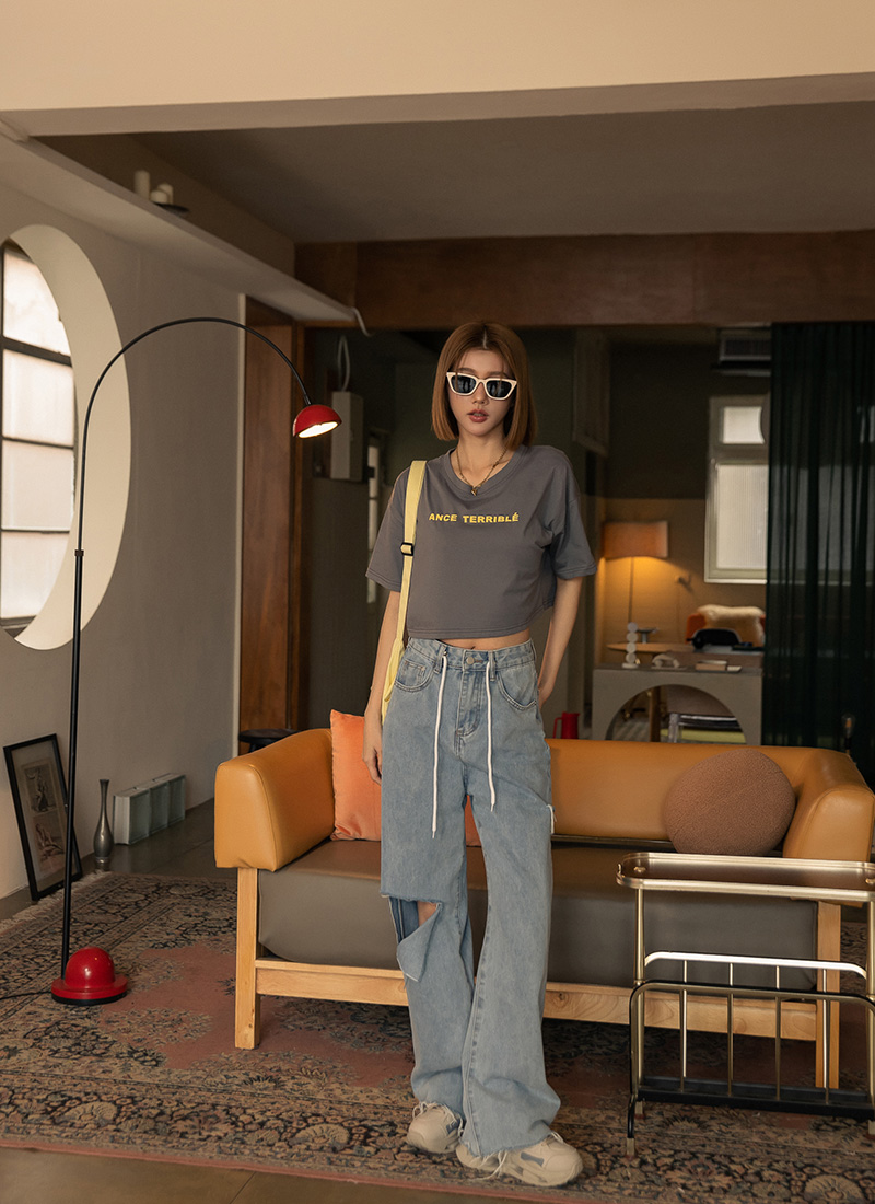 PUFII-牛仔褲 單釦抽繩割破寬褲長褲牛仔褲