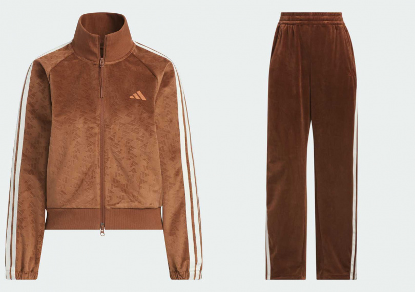 adidas絲絨運動外套／3,490元，絲絨運動長褲／2,690元（圖／品牌提供）