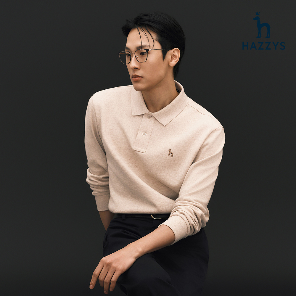 【HAZZYS】男款淺米色柔軟舒適保暖彈性高級刺繡設計長袖POLO衫 YZWED431