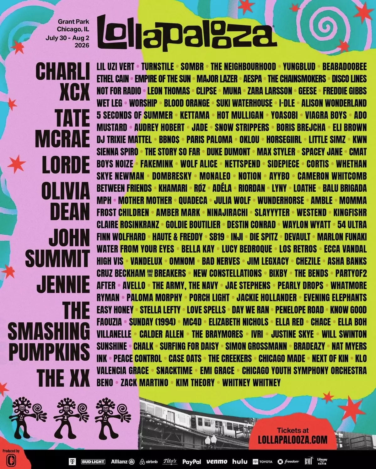 日前官方已公開完整演出名單，表演陣容包含 Charli XCX、Lorde、The Smashing Pumpkins、The xx、Tate McRae、Zara Larsson、Lil Uzi Vert、Wet Leg、Beabadoobee與電音製作人 John Summit...等，表演卡司超過 170 組藝人並分布於多個舞台，呈現出從主流流行到地下音樂的完整光譜。