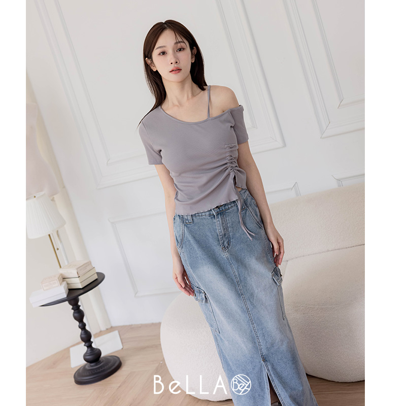 【夏季新品】BeLLA 抽繩露肩BRA上衣 藍色