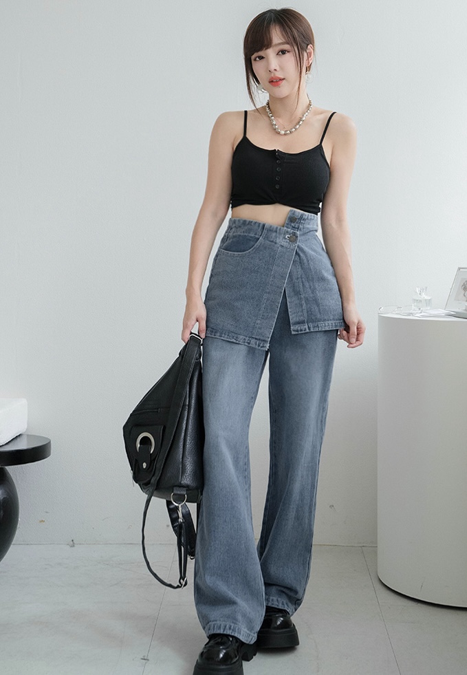 兩件式！歐膩設計款口袋外搭裙擺疊穿牛仔褲