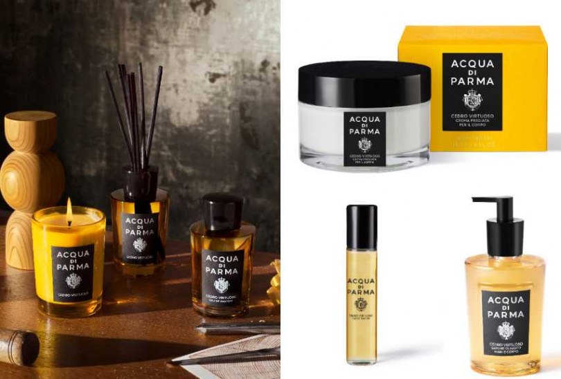 Acqua di Parma 雪松名匠身體乳霜150ml／3,900元、雪松名匠手部身體潔膚露350ml／3,300、雪松名匠香氛蠟燭200g／3,600元、雪松名匠居家擴香180ml／4,360元