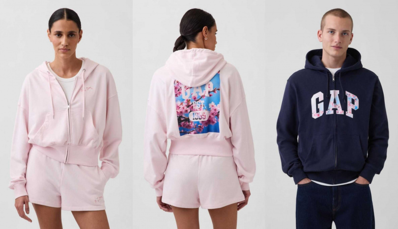 女裝櫻花系列Logo連帽外套／1,999元，男裝櫻花系列Logo連帽外套／2,999元（圖／品牌提供）