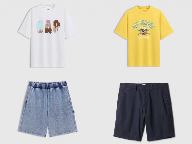 冰淇淋造型T 恤／999元，布萊納小熊棒球圖案T恤／999元，針織牛仔短褲／1699元，休閒短褲／1299元（圖／品牌提供）