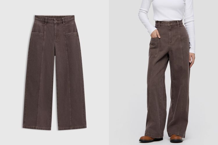 俐落的高腰直筒輪廓為主軸，透過清楚的縫線結構勾勒腿部線條，讓整體看起來更修長有精神。棕色調為造型增添一抹不同的質感，也讓丹寧多了些成熟的氣息。