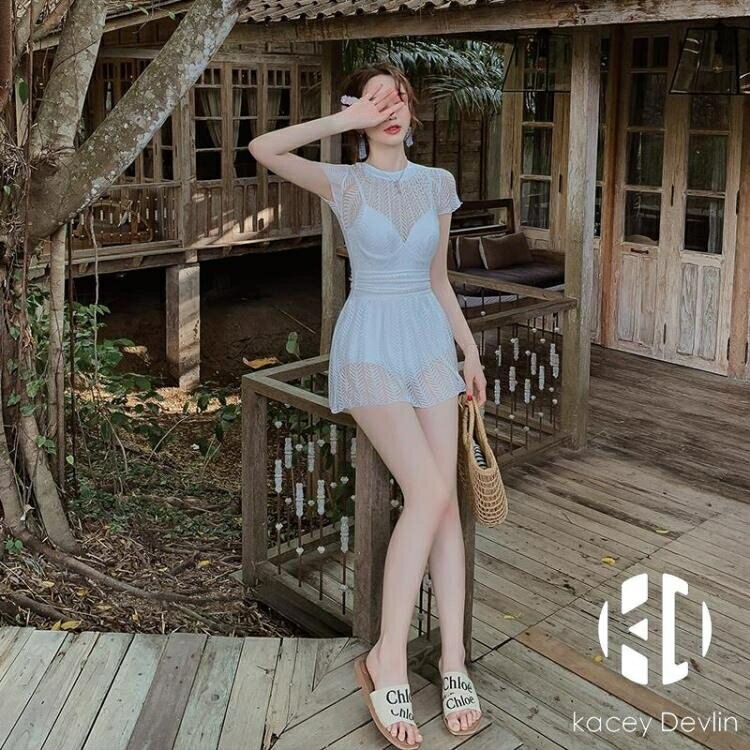 泳衣女遮肚顯瘦保守連體時尚蕾絲溫泉泳裝【聚物優品】