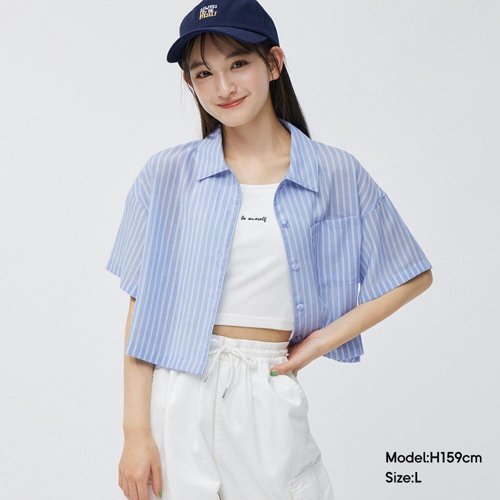 TEEN 透膚短版條紋襯衫JR+E