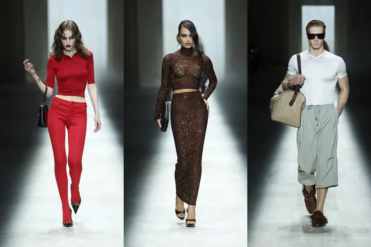 這一季的命題少了含蓄，少了曖昧，更直接地正中紅心。開場那件極致無縫白色迷你洋裝，像味覺重置般乾淨，絲襪般服貼的牛仔褲、緊到勾勒曲線的上衣、在黑暗中閃光的水鑽禮服，每一件都在放大身體線條。