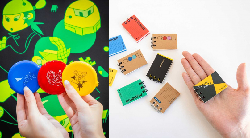 日本潮流品牌HIGHTIDE攜手視覺藝術家ANDY BUSC打造誠品獨家電影主題視覺商品（左），右為日本百年筆記本maruman推出的迷你經典筆記本盲抽。（圖／誠品提供）