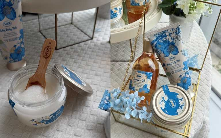 Sabon璀璨茉莉沐浴油300ml / 1,080元、Sabon璀璨茉莉身體磨砂膏320g / 1,580元、Sabon璀璨茉莉絲綢身體乳液200ml / 1,480元。（圖／黃筱婷攝）