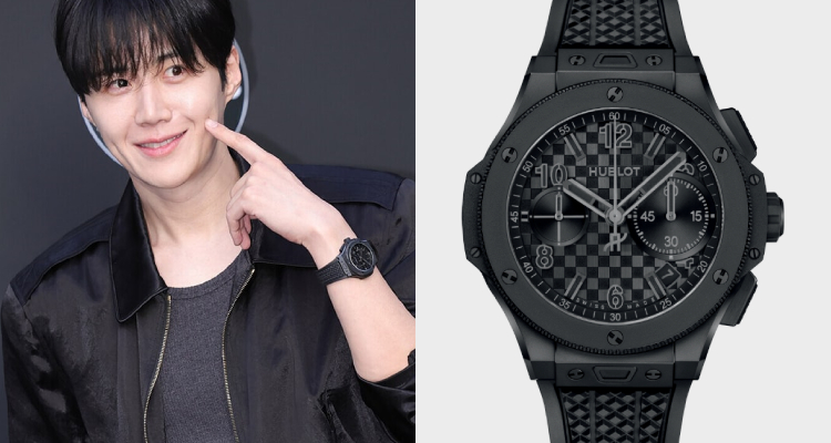金宣虎這次以一身緞面質感的黑色飛行夾克，內搭深灰色羅紋上衣，展現出俐落的街頭紳士感。不同於以往的溫柔形象，這套穿搭透過緞面材質的視覺對比，勾勒出強烈的黑色層次。  手腕上的細節更是整體的靈魂所在。這款Hublot「Big Bang」系列全黑腕錶，是品牌創新、先鋒精神的純粹體現。