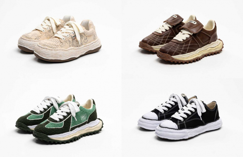 MMY 奶油白手繪塗鴉溶解鞋(秀款)／16,680元，MMY 深棕色麂皮明線運動風溶解鞋(秀款)／19,280元，MMY 綠黑撞色運動風溶解鞋(秀款)／15,980元，MMY 黑色經典帆布溶解鞋／12,380元（圖／品牌提供）