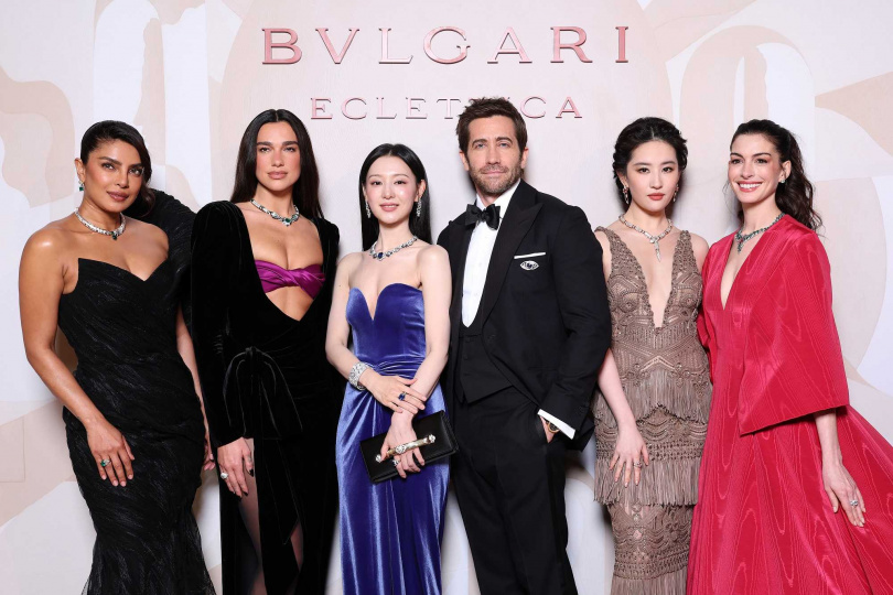 (左起) BVLGARI全球品牌代言人PRIYANKA CHOPRA JONAS、DUA LIPA、韓國品牌大使金智媛、JAKE GYLLENHAAL、劉亦菲與ANNE HATHAWAY（圖／品牌提供）