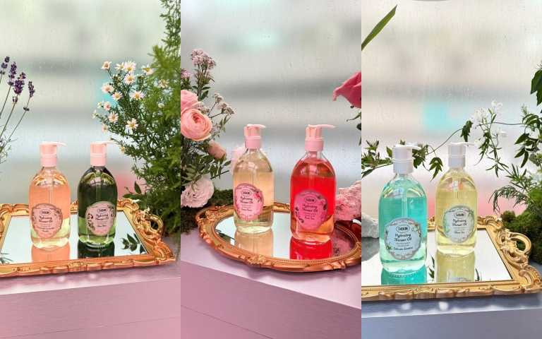 SABON輕潤沐浴油－經典PLV、盛宴橄欖、綠玫瑰、玫瑰茶語、 茉莉花語、綠玫瑰 500ml／1,380元、300ml／1,080元。 （圖／tingting攝）