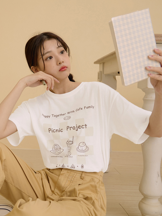 咖啡廳家族．夏日野餐印花純棉寬版TEE