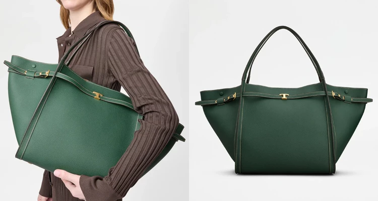 如果你想要一咖充滿活力的亮色大包，Tod's這款濃郁的綠色「T Signature」托特包，絕對會擊中你的喜好。優雅的雙翼包型，可以透過兩側皮革釦帶微調，低調的T字金屬釦飾點綴其間，義大利工匠的頂級皮革工藝，則在包身上展現得淋漓盡致。但也因為包包的顏色本身就非常亮眼了，所以建議身上的穿搭，可以走極簡路線來襯托。例如用一條深色牛仔褲、一件經典的卡其色風衣或純白襯衫...讓這款森林綠托特包，成為全身上下最亮眼的視覺焦點。（商品價格約：NTD 95,100）