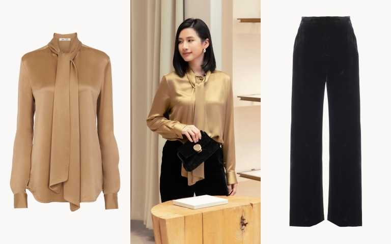 趙岱新選用款Chloé x Atelier Jolie聯名系列卡其色長袖襯衫／72,600元、趙岱新選用款Chloé x Atelier Jolie聯名系列閒置真絲黑色長褲／51,200元（圖／品牌提供）