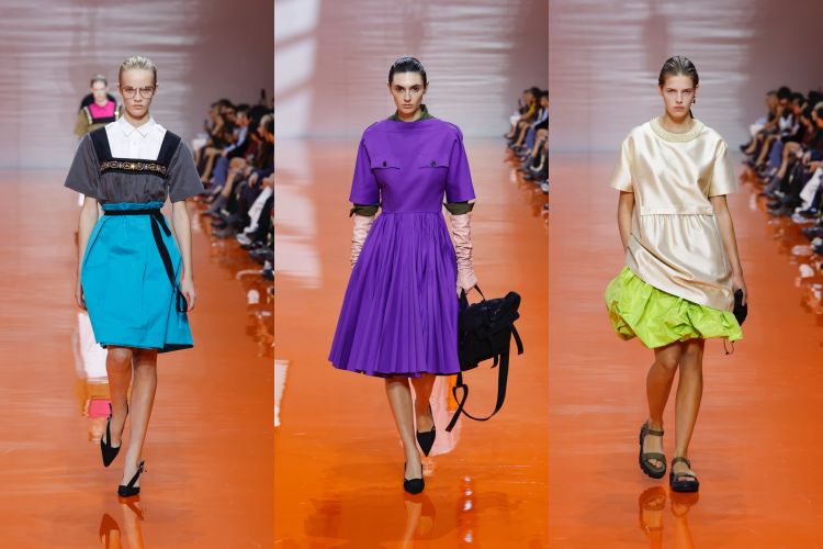 單品在對比之間獲得新生，鮮豔色調的Pol 衫、迷你短褲注入Preppy學院風，與華麗塔夫綢裙裝、刺繡領上衣形成強烈碰撞。