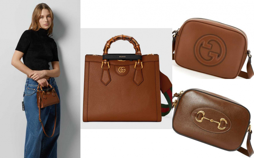 GUCCI Diana小托特包／144,100元、GUCCI Blondie焦糖色相機包／59,100元、GUCCI Horsebit 1955迷你方形肩背包／56,800元（圖／品牌提供）