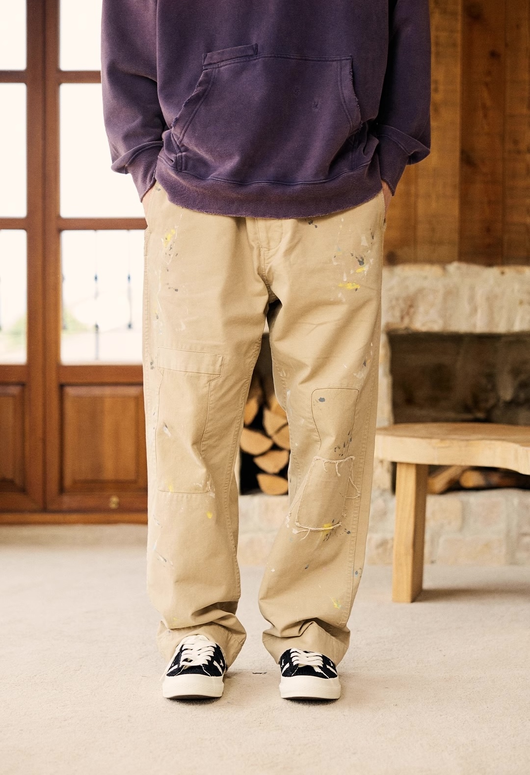 做舊潑墨補丁設計休閒褲 基礎通勤長褲Dirty Fit