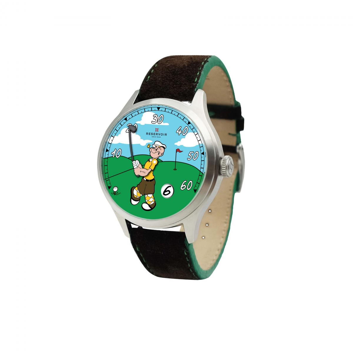 Reservoir 鋭速錶與大力水手的聯名，把「揮桿」這件事重新翻譯成機械語言：逆跳分鐘指針化身高爾夫球桿，每60分鐘劃過錶盤弧線，瞬間歸零的節奏就像球落洞後的爽快重置。面盤上，卜派以標誌性的壯臂與叼煙斗姿態正準備揮桿，綠藍色高爾夫球場像漫畫格頁般活了過來，而5點鐘位置的跳時視窗則像一顆悄悄滾入洞口的小白球。搭載 RSV-240 自動機芯、113件專利模組結構，技術含量與趣味性同時拉滿。棕色牛巴戈皮革錶帶帶著戶外休閒感，專屬高爾夫球與白色木盒更強化收藏儀式感。這款全球限量300枚的腕錶魅力在於，它讓時間不再只是流逝，而像一場永不結束的友誼賽。每一次抬腕，就像在提醒自己，生活偶爾也該「用力揮桿」。