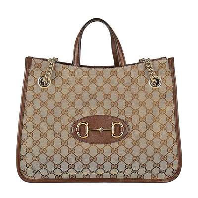 GUCCI 古馳 Horsebit 1955雙G LOGO馬銜釦設計緹花布釦式手提肩背包(棕)