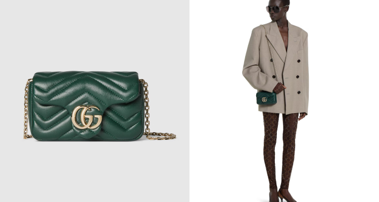 Gucci的「GG Marmont」系列，這次以迷你輪廓帶來全新色彩感受，其中這款迷你肩背包採用祖母綠的魚骨紋皮革顏色所打造，質感細膩又富層次感。包身點綴經典雙G五金，淺金色調，低調中帶有奢華質感。