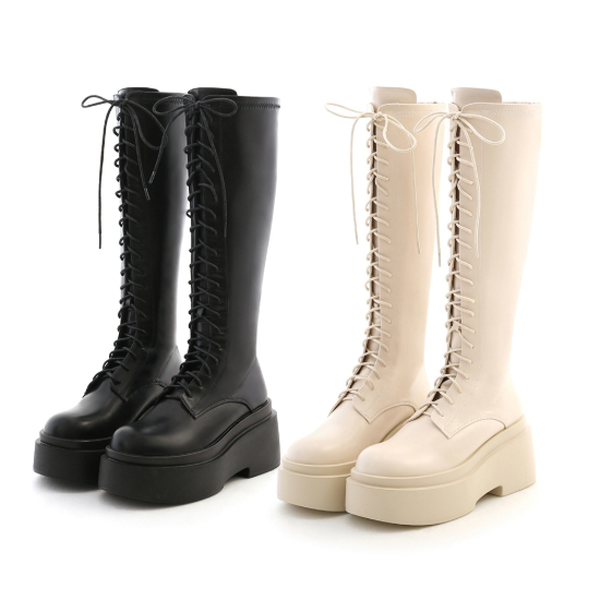KPOP演唱會站坑靴推薦 8公分厚底綁帶長靴，瞬間拉長腿型，防滑設計穩定舒適，韓流演唱會增高鞋款