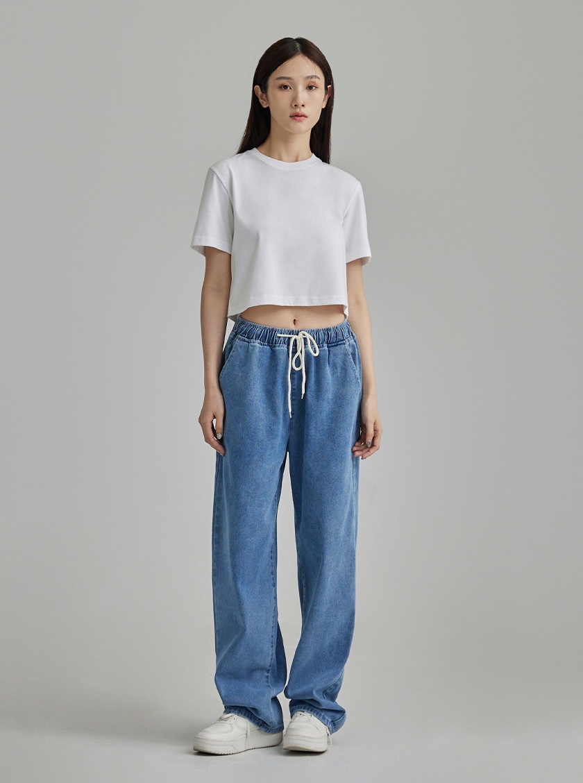 寬鬆直筒抽繩牛仔褲