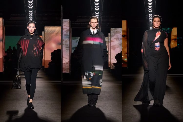 延續「光與影」的主題，本季另一個鮮明語言是帶有影像感的印花設計。除了與影集 《高校十八禁 Euphoria》 的合作元素外，城市街景、人物輪廓與光影畫面被轉化為服裝圖像，像是一段段被截取的生活片段，在外套、毛衣與配件上浮現。秀場上，導演Sam Levinson透過裝置屏幕構築沉浸式影像場景，呼應劇中角色在光與暗之間尋找平衡的主題。