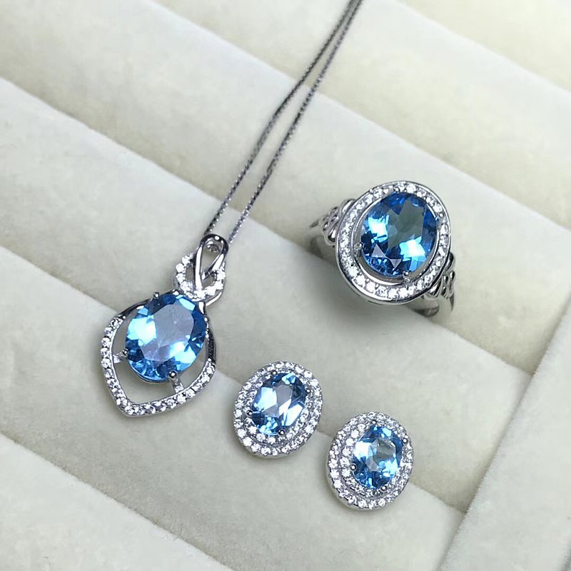 3合1套裝 天藍色托帕石項鍊 活口戒指 耳環
