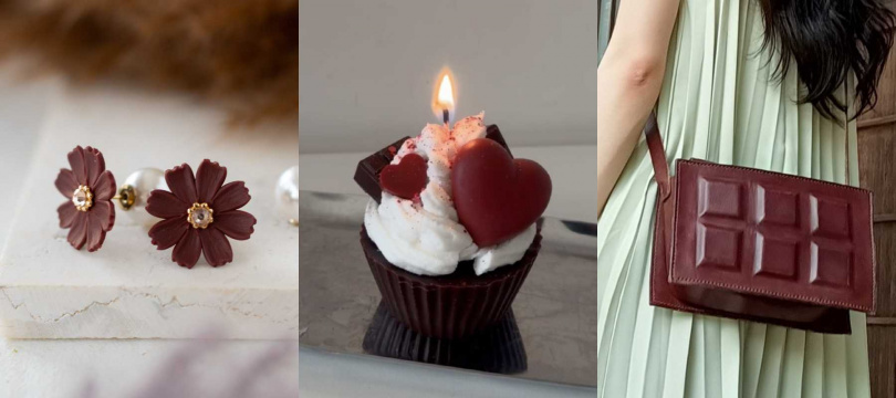 （由左至右：地下 3 階｜巧克力 波斯菊軟陶耳環；Light Candle｜生巧克力塔造型蠟燭；moomoo木木手溫｜巧克力側肩包（圖／Pinkoi提供）