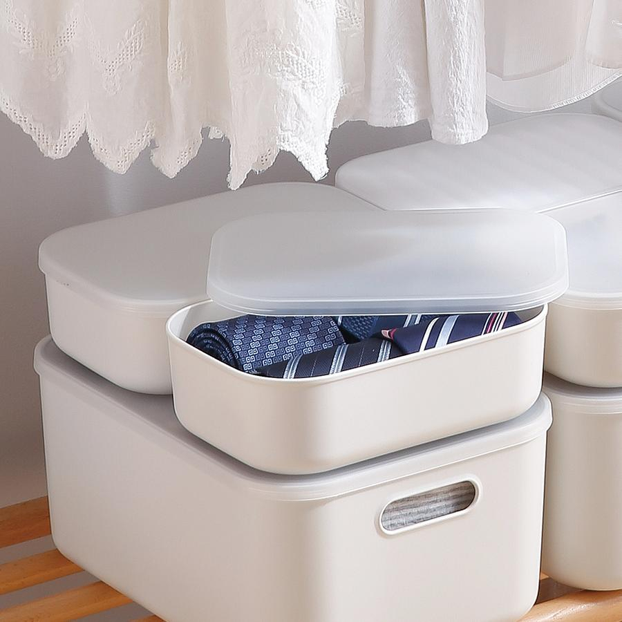 日本 霜山 霧面附蓋扁形收納盒-灰白-S-3入