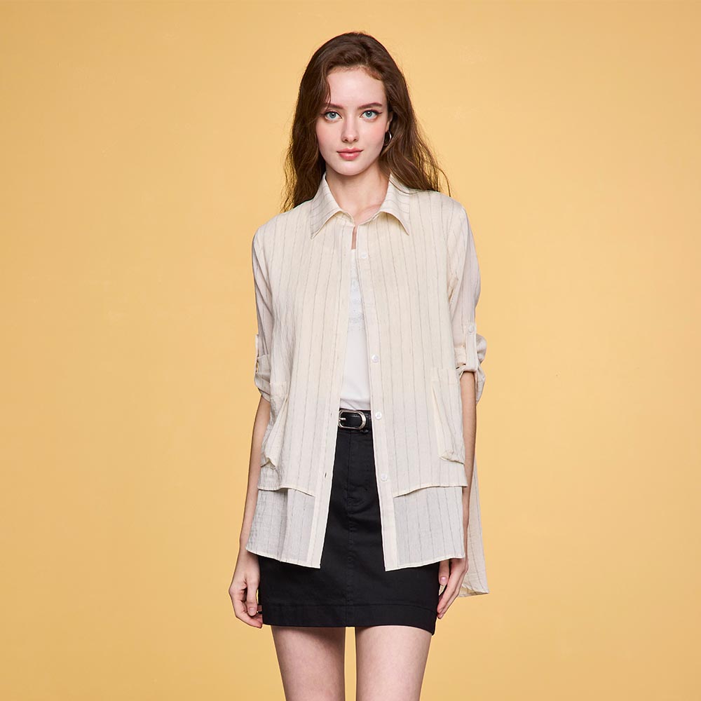 HONOR時尚透膚條紋口袋長袖襯衫-米白