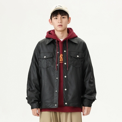 [米蘭精品] 皮衣外套防風夾克-翻領排扣皮衣男外套74iz58