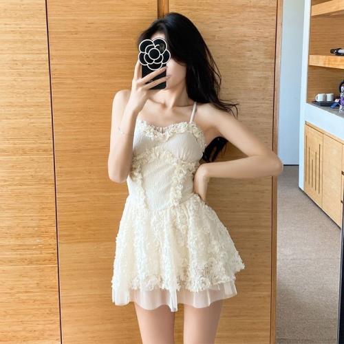韓國ins夏季新款性感辣妹顯瘦遮肚蕾絲綁帶裙式連體泳衣溫泉泳裝