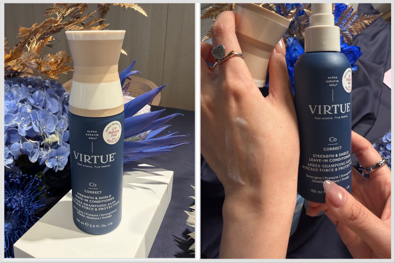 配方延續品牌Alpha Keratin 60ku®修護科技，搭配維生素原B5、胺基酸複合物、乳木果油與植物來源成分，幫助維持髮絲柔軟、彈性與光澤。產品提供最高232°C熱防護，並兼顧UV及環境污染防護；不添加矽靈與Paraben，符合純素、無麩質標準。VIRTUE全方位防禦瞬護精華乳150ml / 1,580元，2026年9月1日上市。（圖／tingting攝）