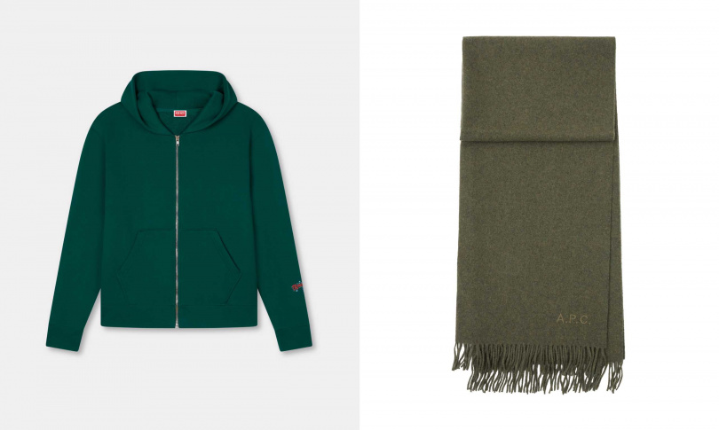KENZO WINTER 限定墨綠色KALI連帽外套，A.P.C. 經典LOGO墨綠ALIX圍巾（圖／品牌提供）