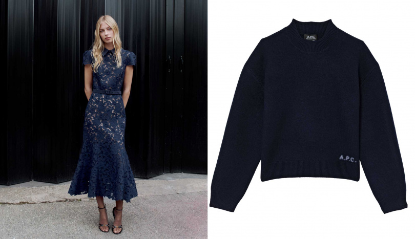 self-portrait Navy Guipure Lace Midi Dress，A.P.C.角落LOGO深藍毛衣（圖／品牌提供）