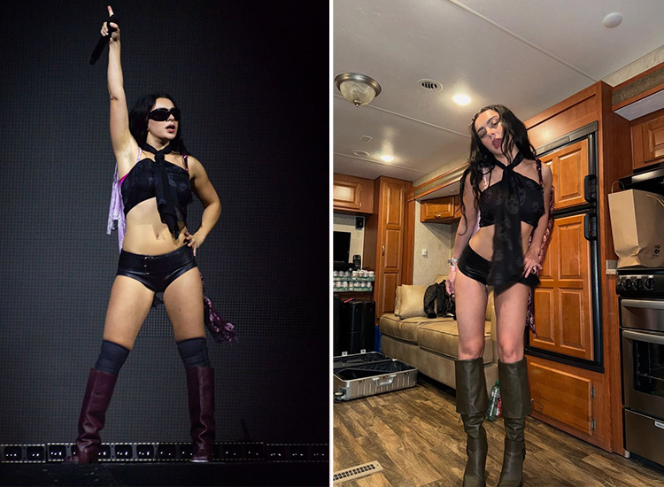 Charli XCX在巡演造型中以兩雙不同色調的堆堆靴亮相，展現Y2K與海盜風交融的前衛風格。搭配絲巾綁帶上衣與皮革短褲，散發叛逆性感的鬆弛氛圍，詮釋自由奔放與個性張力兼具的時尚態度。